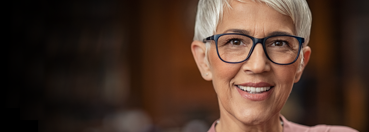 elderly woman wearing glasses happy after learning about diabetes and mental health